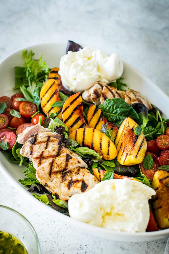 Charred Peach & Chicken Salad with Creamy Burrata - Vertical