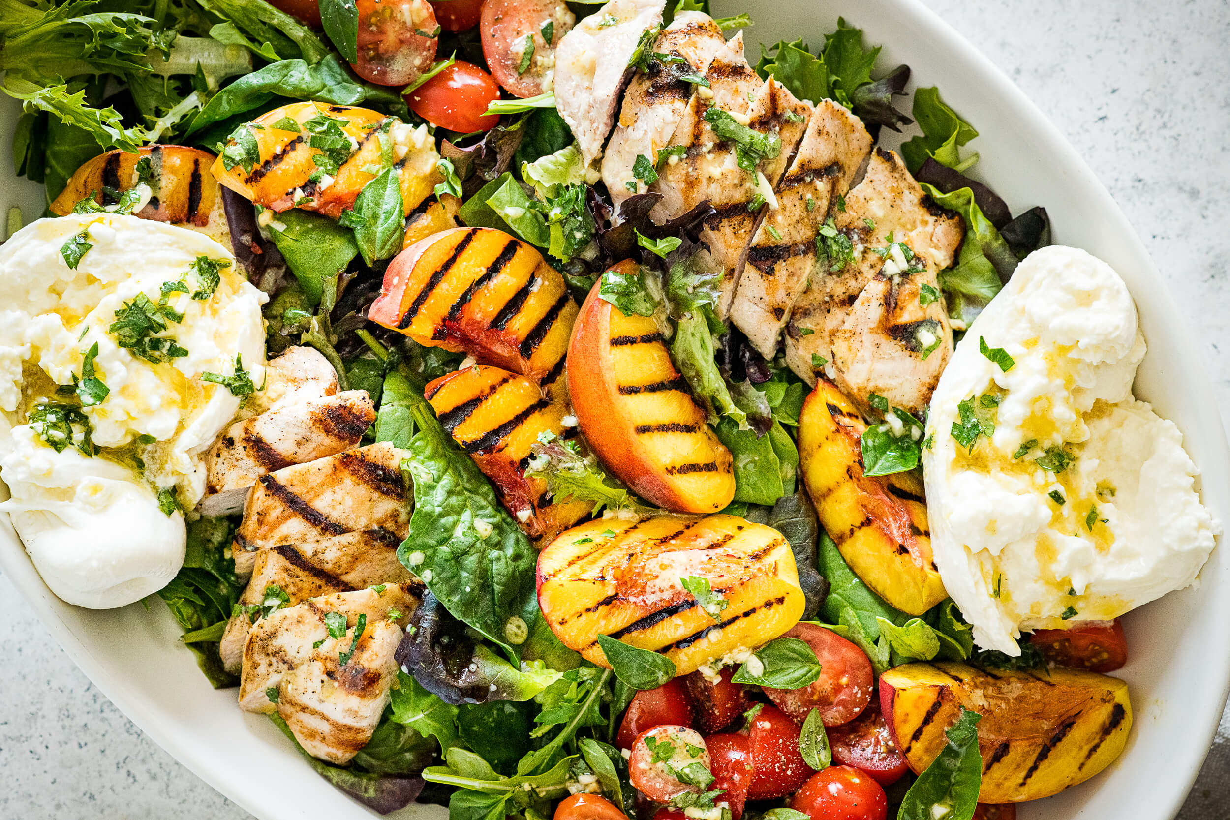 Charred Peach & Chicken Salad with Creamy Burrata