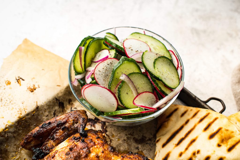 Spatchcocked Tandoori-Style Chicken with Cucumber Salad & Naan - Salad