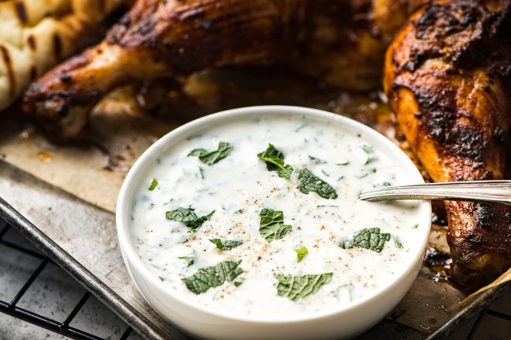 Spatchcocked Tandoori-Style Chicken with Cucumber Salad & Naan - Yogurt Mint Sauce