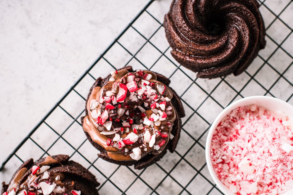 Chocolate & Peppermint Mini Bundt Cakes Overhead