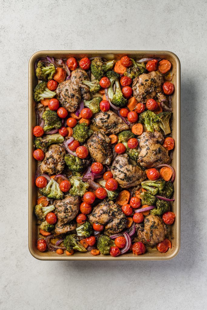 One-Pan Balsamic Chicken & Veggies Baked on Pan