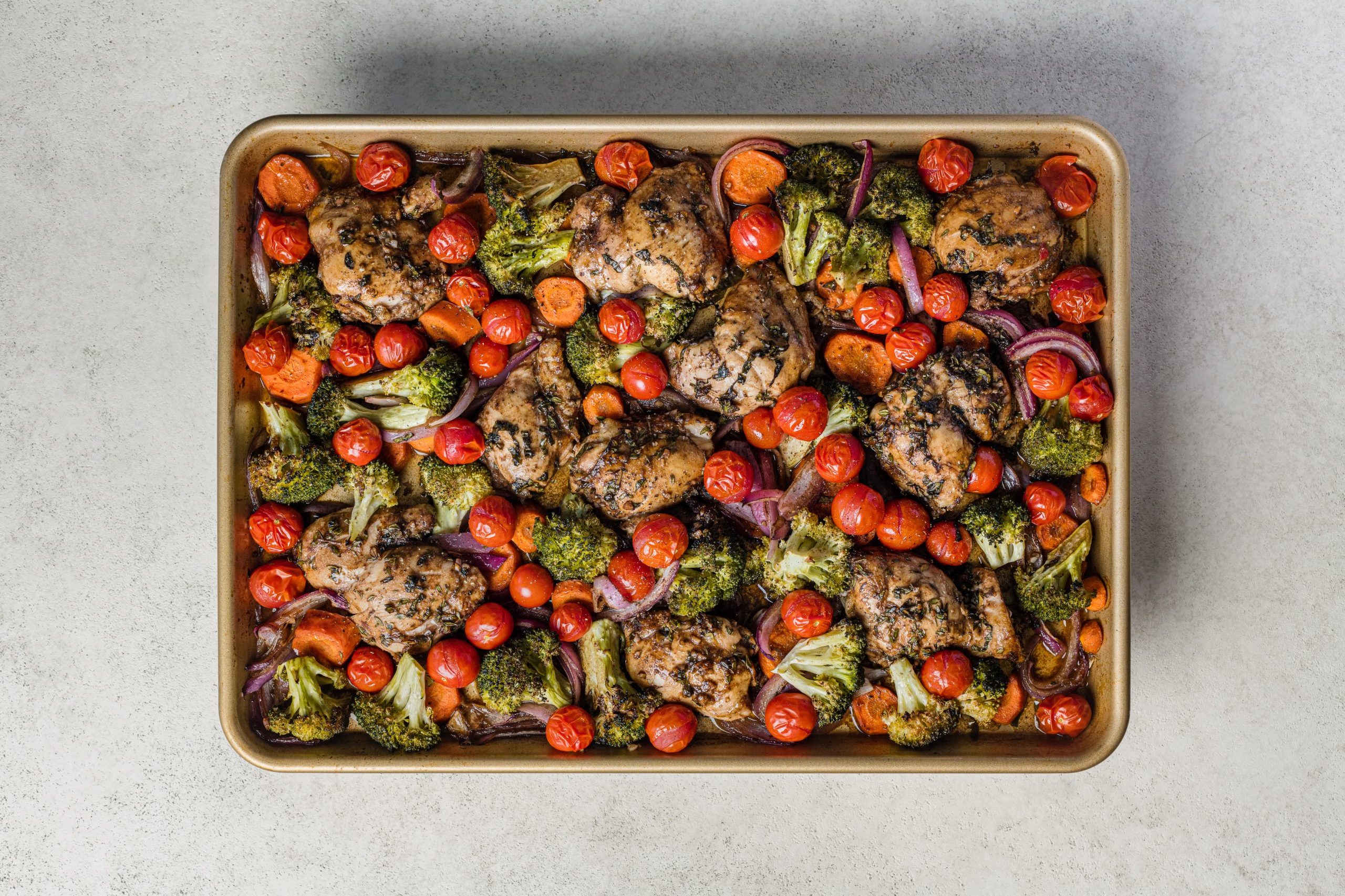 One-Pan Balsamic Chicken & Veggies Baked on Pan