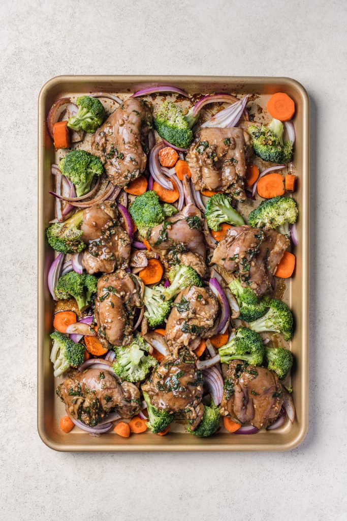 One-Pan Balsamic Chicken & Veggies Prepped on Pan